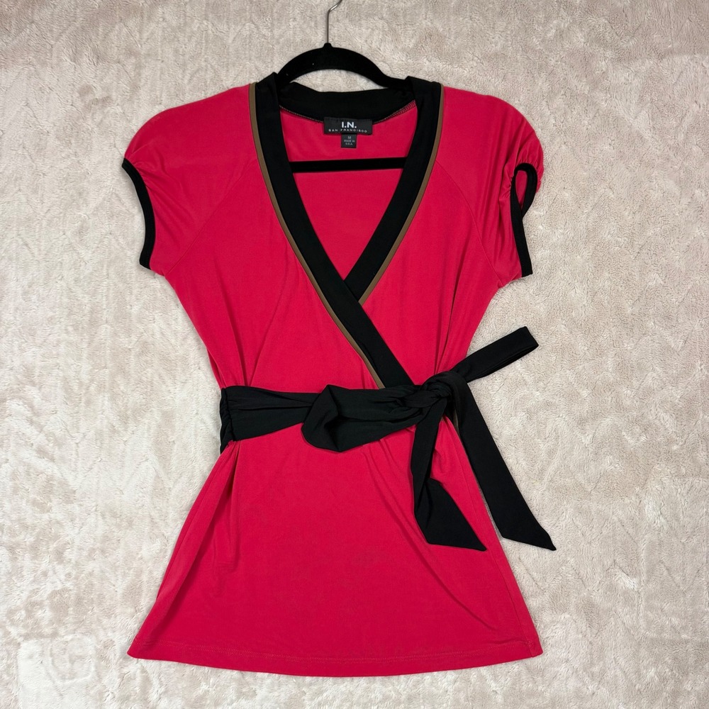 I.N. San Francisco Red Faux Wrap Top Black Trim Tie Waist Y2K Medium